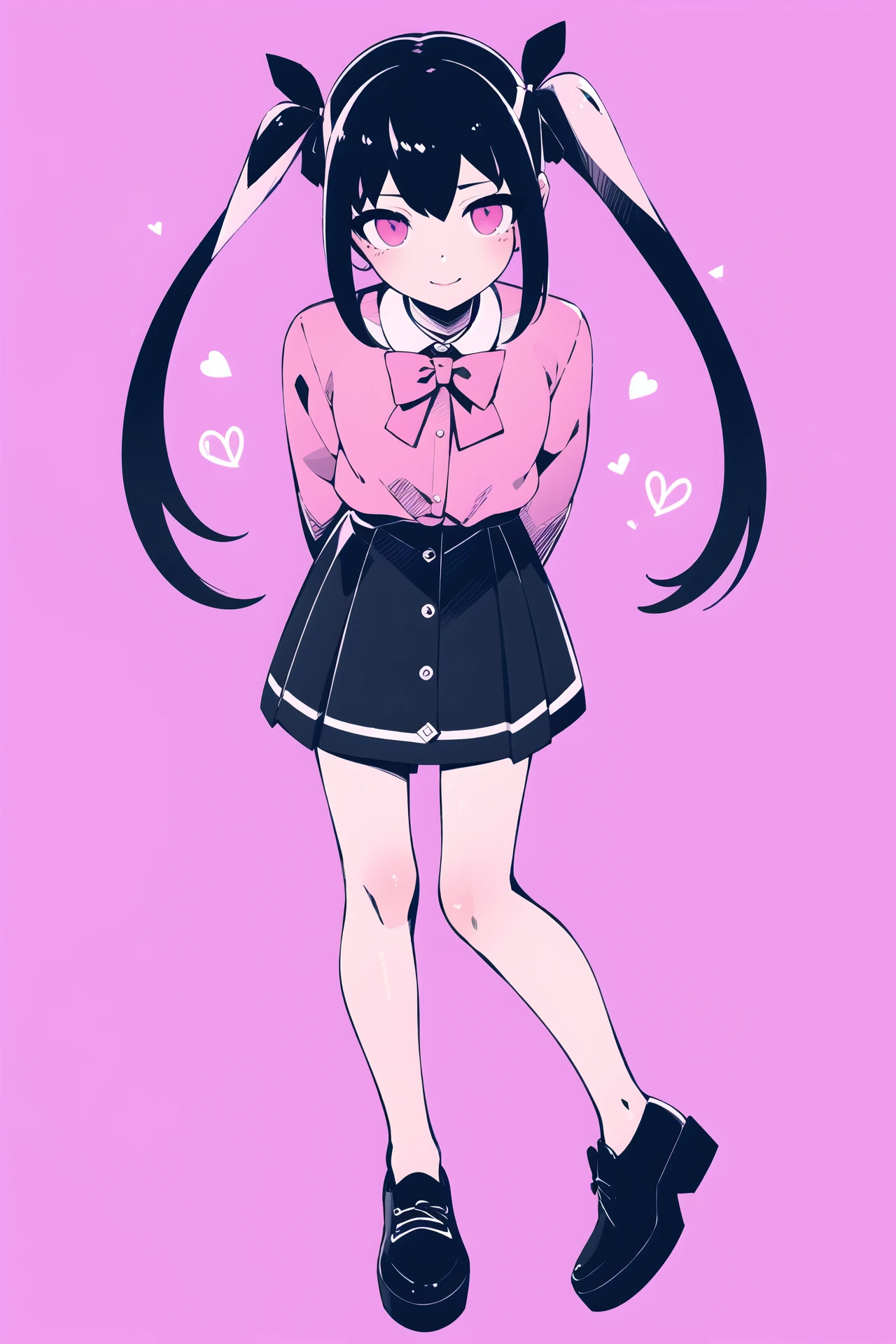 masterpiece, best quality, 1girl, solo, long_hair, looking_at_viewer, smile, bangs, skirt, simple_background, shirt, black_hair, long_sleeves, bow, twintails, monochrome, hair_bow, heart, frills, shoes, bowtie, pink_eyes, bra, heart-shaped_pupils, pink_background, pink_shirt, arms behind back, jirai_kei, <lora:nouV2:1>, closed mouth,