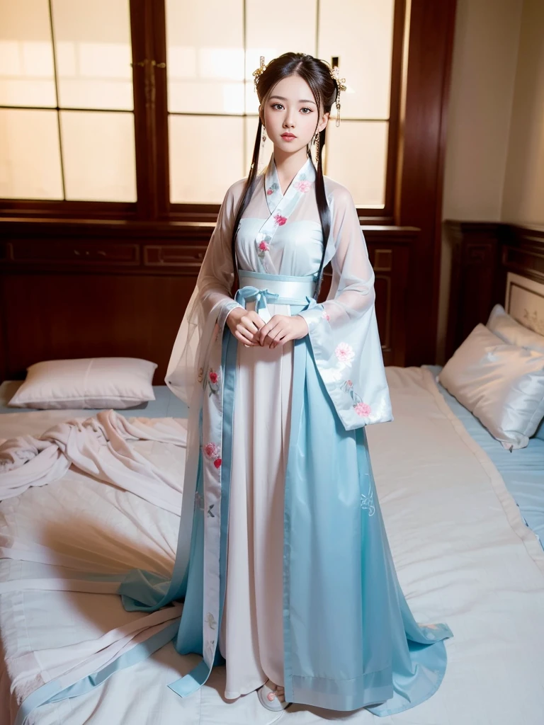 1 girl Wearing blue hanfu dress in bedroom, beautiful vintage color, (photorealistic, high resolution:1.4),platinum hair, ((puffy eyes)), looking at viewer, happy, (8k, RAW photo, best quality, masterpiece:1.2), (realistic, photo-realistic:1.37),(sharp focus:1.2), professional lighting, photon mapping, radiosity, physically-based rendering, (Close-up angle photo:1.4), (close-up:0.9), (pale skin:1.2),<lora:hanfu:0.65>,(full body,hanfu:1.2)