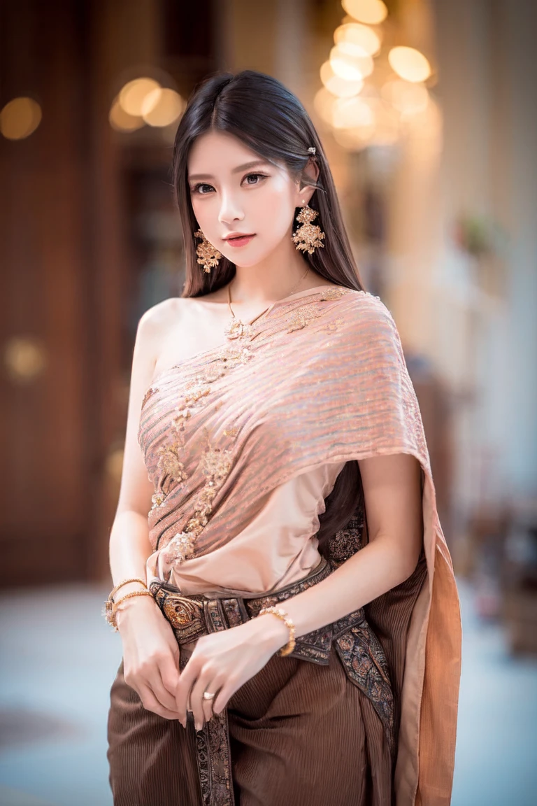 (photorealistic:1.4),(raw photo:1.2),official art,(extremely detailed CG:1.2), (masterpiece:1.2), (best quality:1.2),looking at viewer,(full body)
,(1girl),(long hair),standing,(thai tradition dress:1.05),pink dress,dynamic pose,(tradition shoulder shawl),((brown skirt)),(golden jewelry),
, <lora:thai_tradition-7:0.85>, <lora:koreanDollLikeness_v10:0.45>