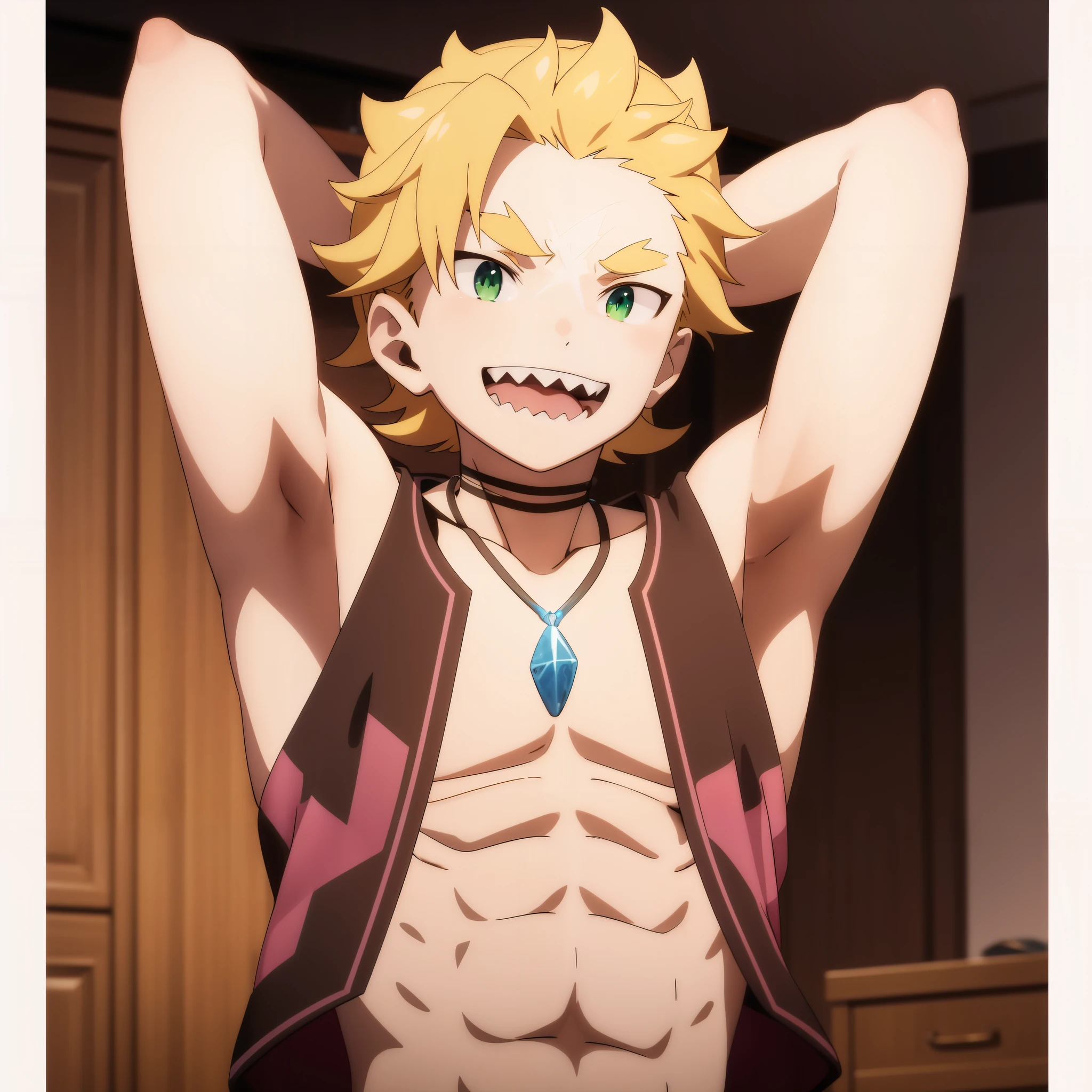 masterpiece,best quality,2d,anime,
male focus, 1boy, sharp teeth, blonde hair, solo, teeth,green eyes, arms behind head, scar,necklace, smile, jewelry, open mouth, vest, <lora:garf:1>,