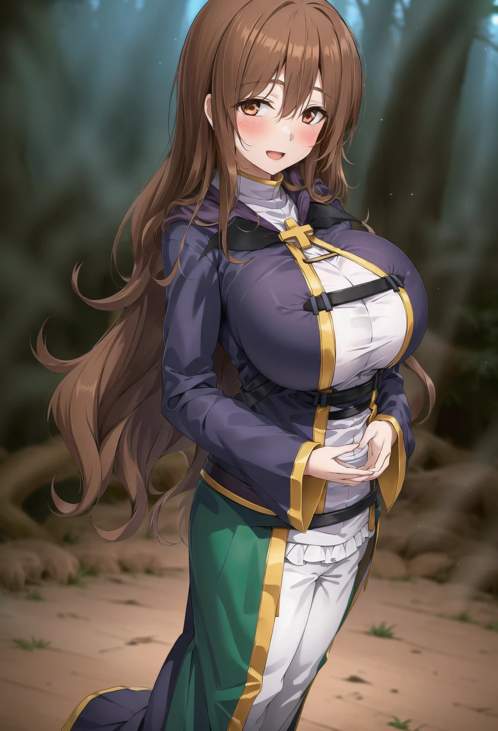 chromatic aberration, depth of field, soft lighting, masterpiece, best quality, WizKonosuba, 1girl, long hair, looking at viewer, blush, smile, large breasts, brown hair, long sleeves, robe, <lora:WizKonosubaLora:0.7>, (on forest:1.4), :D, full body, hands behind back