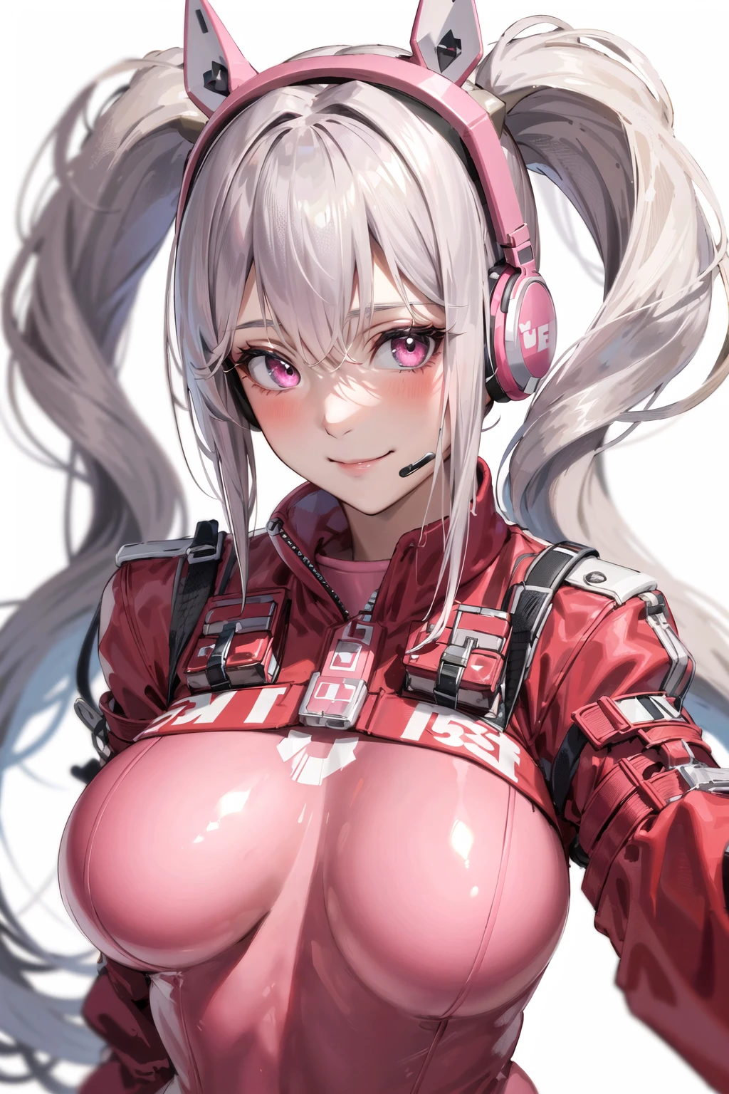 1girl, animal ears, bangs, blush, bodysuit, breasts, closed mouth, fake animal ears, gloves, headphones, headset, horse ears, impossible clothes, jacket, large breasts, long hair, long sleeves, looking at viewer, pink bodysuit, pink eyes, simple background, skin tight, smile, solo, twintails, upper body, very long hair, white background, white gloves, white hair,alice \(nikke\),(masterpiece:1.4),(best quality:1.4),(shiny skin),realistic