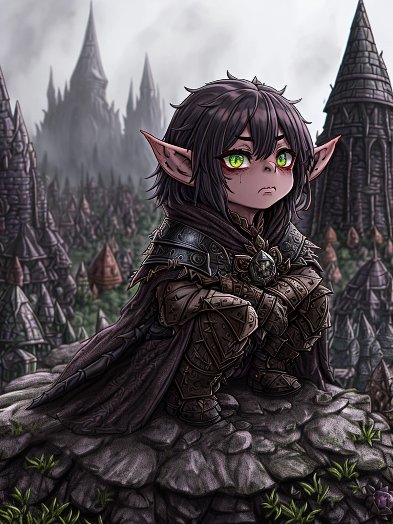 tiny goblin witch wearing intricate cloak and leather armor in a desolate and destroyed fantasy village, fearsome, dramatic, detailed eyes, waist up, medium shot, best quality masterpiece, photorealistic, detailed, 8k, HDR, shallow depth of field, broad light, high contrast, backlighting, bloom, chromatic aberration, sharp focus, RAW color photo