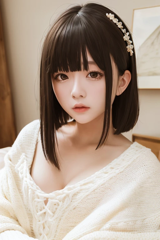 <lora:cutedollmix_v7.1:0.5>,best quality, masterpiece, ultra high res, (photorealistic:1.4), 1girl, looking at viewer,  dark eyes,50mm portrait photography,(small breast),half body,oversized loose-fitting white sweater,lang hair