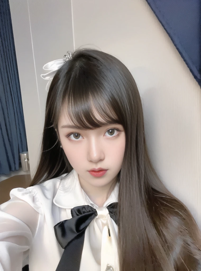 best quality, (photorealistic:1.2), 1girl, solo, detailed face, face focus, standing, black hair,(hair ornament:1.35),school uniform, ribbon-trimmed sleeves, detached sleeves, ribbon trim, wide sleeves, (looking at viewer:1.5) long hair, black eyes, bangs, lips,