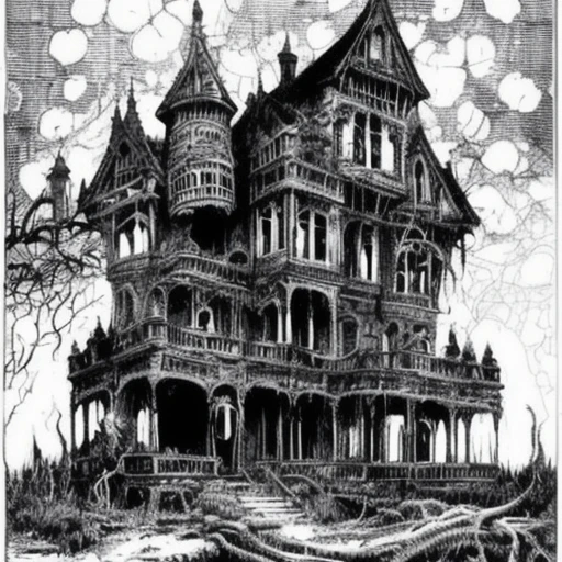 A disgusting lanky plant monster stands above a large Victorian mansion, found footage, blood dripping, hellish, tainted, terrifying, horror, redacted, dark, human experiment, hideous, teeth, tongues, sinister, hostile, malevolent energy, pathogenic mutation, biological, nightmare, rusty, grunge, helpless, moody, desperate, strange, humanoid, aberration, death, lonely, ominous, horror, dramatic, atmospheric, high detail, zoomed out, long shot,