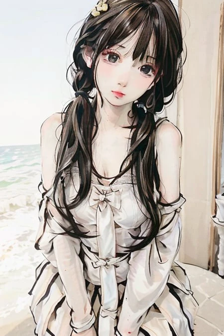 1girl, best quality, realistic, solo, depth of field, natural lighting, seductive posture, alluring, beautiful face, clean, pure face, pale skin, cute, brown eyes, lace, twintails, beach, sunshine, jewelry