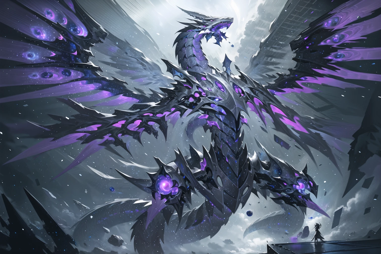 masterpiece, best quality, dragon, <lora:Dragon:0.8>,city_lights, galaxy, giant, glowing, night, night_sky, planet, no_humans, sky, snow, snowing, space, star_\(sky\), starry_sky, wings