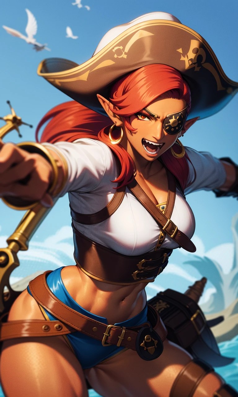 urbosa wearing a pirate  costume, leather bustier, white shirt, pirate hat with feather, action pose, flintlock pistol, eyepatch,  <lora:urbosa-128-32:0.9> art by null