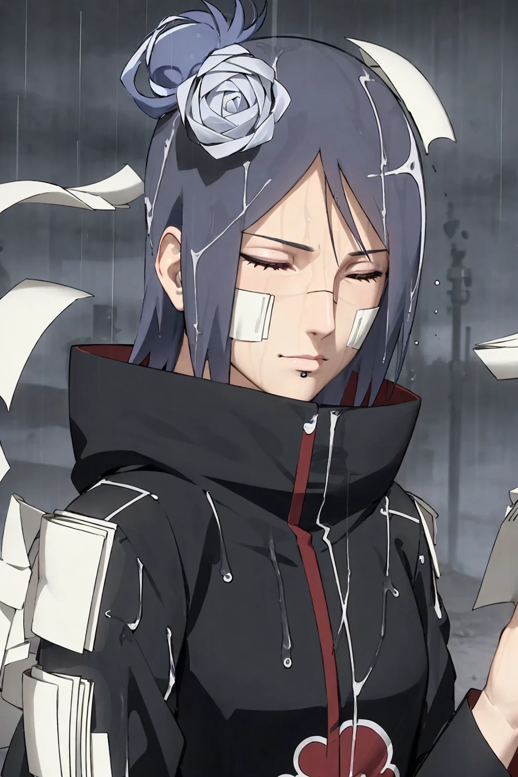 konan \(naruto\)1girl, closed eyes, labret piercing, paper, rain, solo, upper_body, paper jutsu, paper, akatsuki outfit, upper body<lora:Konan_V2:0.75>