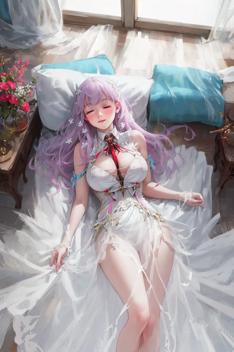 plmtazln, (masterpiece:1.3), best quality, high quality, absurdres, intricate details, realistic, from above, feet out of frame, 1girl, solo, white dress, bare shoulders, cleavage, blunt bangs, (arms behind back:1.2), (lying), sleeping, closes eyes, smile, bed, bed sheet, living room, indoors, <lora:plmtazln_v25e1:1>