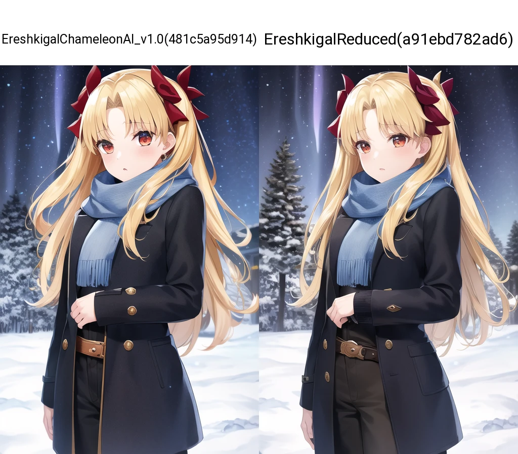 masterpiece, best quality, absurdres, perfect antomy, cowboy shot, standing, outdoors, winter, snow, night, aurora,
((Ereshkigal)), blue sweater, belt, black pants, brown coat, (open coat), scarf
