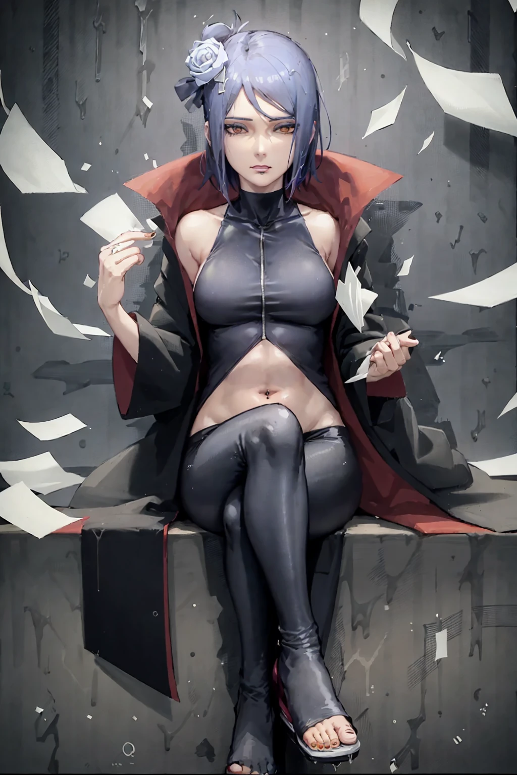 konan \(naruto\), 1girl, solo, sitting, coat, crossed_legs, paper, akatsuki outfit, open clothes, open robe, navel, midriff, paper, toeless footwear, labret piercing<lora:Konan_V2:0.8>