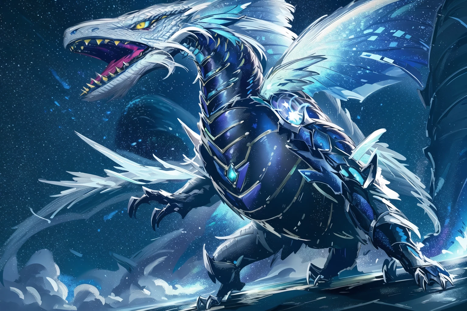 masterpiece, best quality, <lora:Dragon:0.6>,(dragon),city_lights, galaxy, giant, glowing, night, night_sky, planet, sky, snow, snowing, space, star_\(sky\), starry_sky, wings, <lora:Nature Cthulhu Girl:0.6>