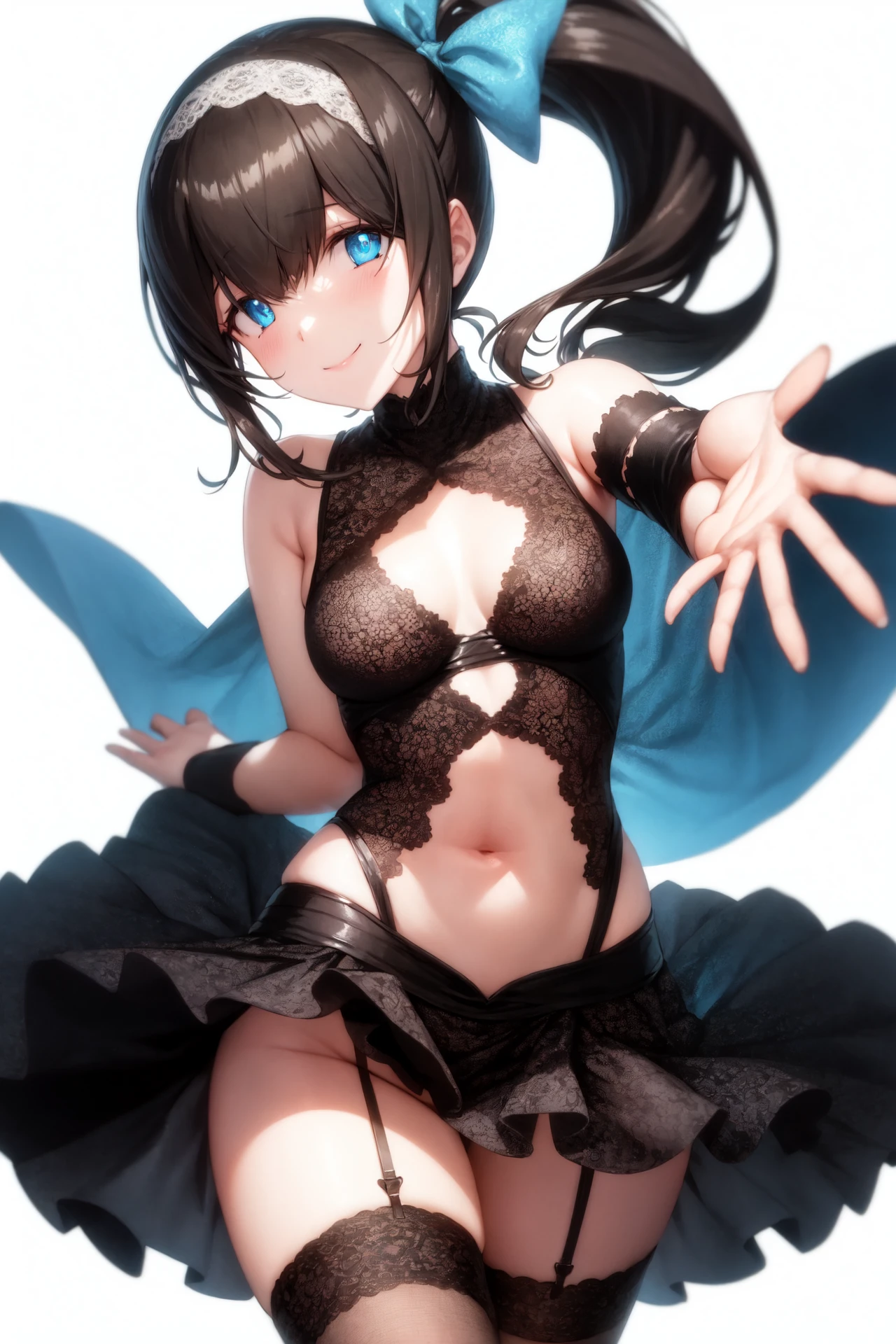 <lora:sagisawa fumika:1>sagisawa fumika, mekakure,
black_hair, blue_eyes, (large breasts:0.5), 1girl, arm_garter, bangs, black_hair, blue_bow, blue_eyes, bow, frilled_skirt, frills, hairband, jewelry, leg_garter, long_hair, looking_at_viewer, miniskirt, navel, outstretched_arm, skirt, solo, white_skirt, white background, smile, side ponytail, medium hair,