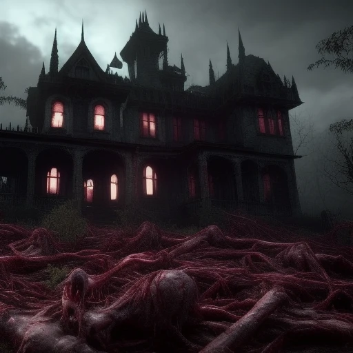 A disgusting lanky plant monster stands above a large Victorian mansion, found footage, blood dripping, hellish, tainted, terrifying, horror, redacted, dark, human experiment, hideous, teeth, tongues, sinister, hostile, malevolent energy, pathogenic mutation, biological, nightmare, rusty, grunge, helpless, moody, desperate, strange, humanoid, aberration, death, lonely, ominous, ultra realistic, unreal engine 5, octane render, 8k, cinematic, dramatic, atmospheric, high detail, zoomed out, long shot, landscape, extreme rendering