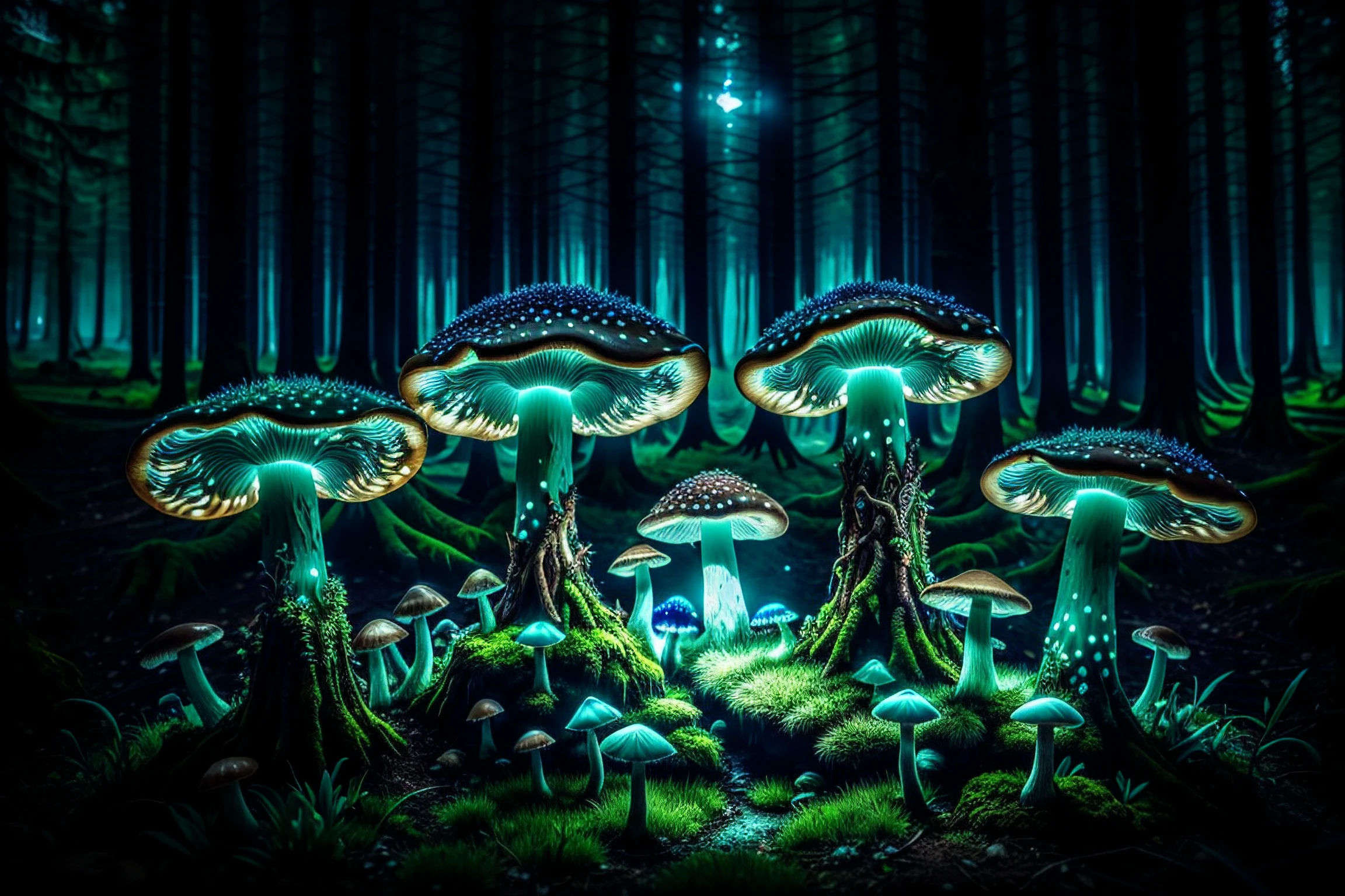 Mushrooms in a forest with a lantern at night - SeaArt AI