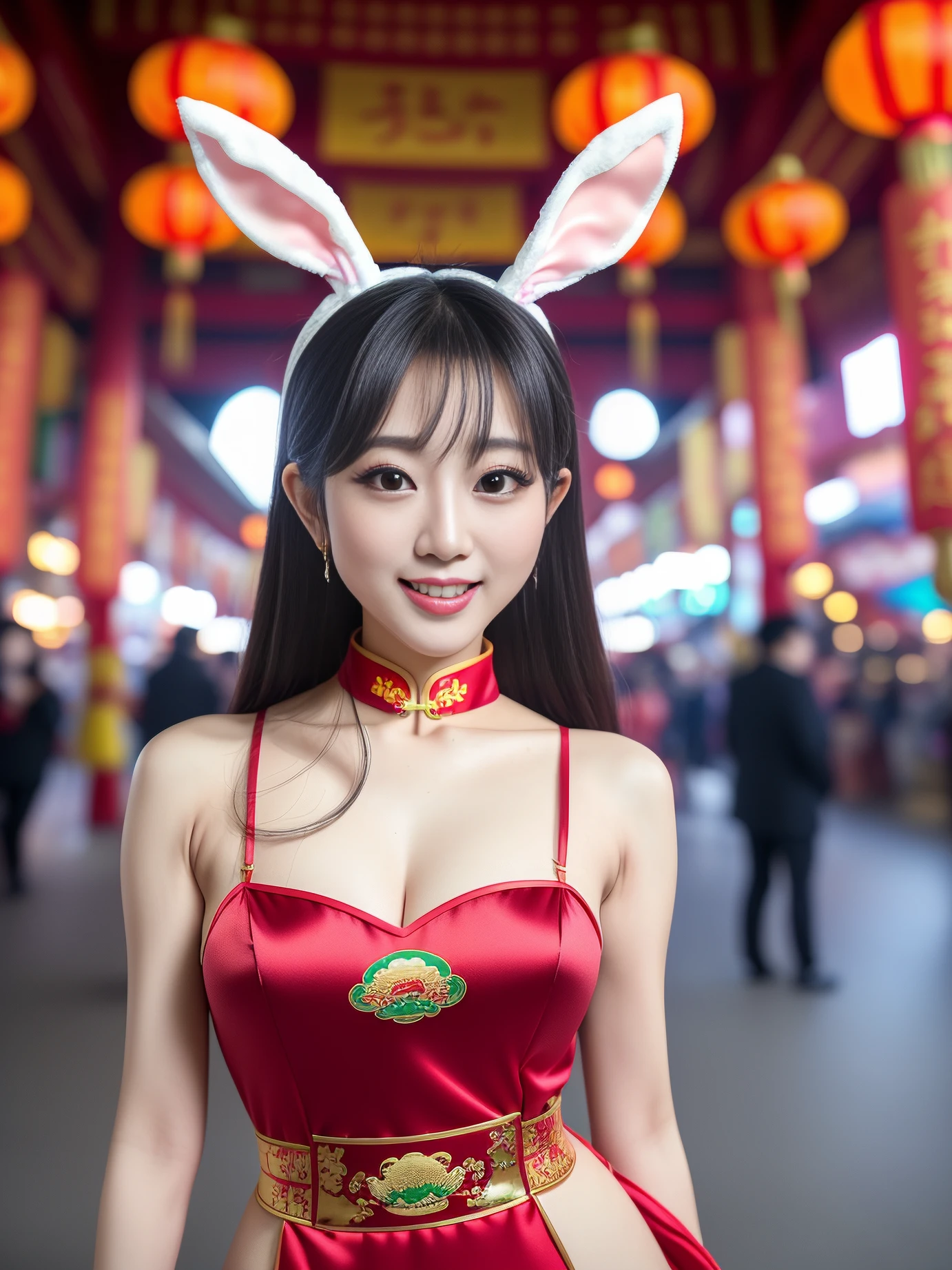 A professional  full body photo of an asian woman((in bunny costume)) , (PureErosFace_V1),(in a amusement park), ((slim)), masterpiece, best quality, highly detailed, gigapixel,by hasselblad,vivid colors,Volumetric lighting.Realistic hair, Lustrous Hair.((Perfect Face)),((sexy Face)), realistic skin texture,with bunny ears headband,socks, looking at camera, [perfect teeth],gigapixel,by hasselblad,(Chinese New Year),<lora:theovercomer8sContrastFix_sd15:0.4>,to8contrast style