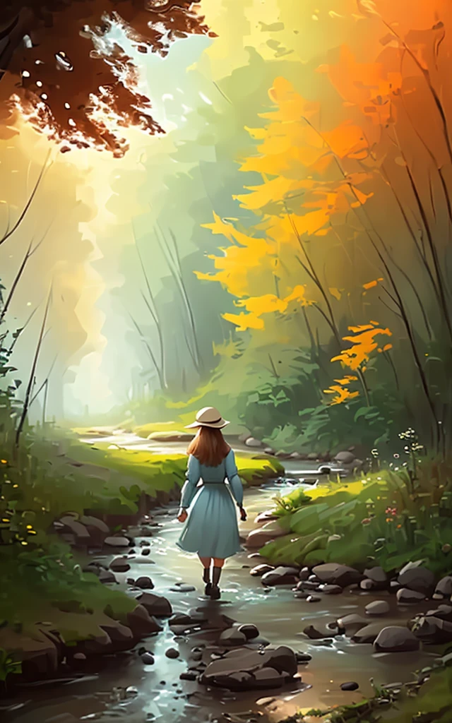 digital painting of a pretty cottagecore girl walking by a stream, wallpaper, UHD, professional, full body