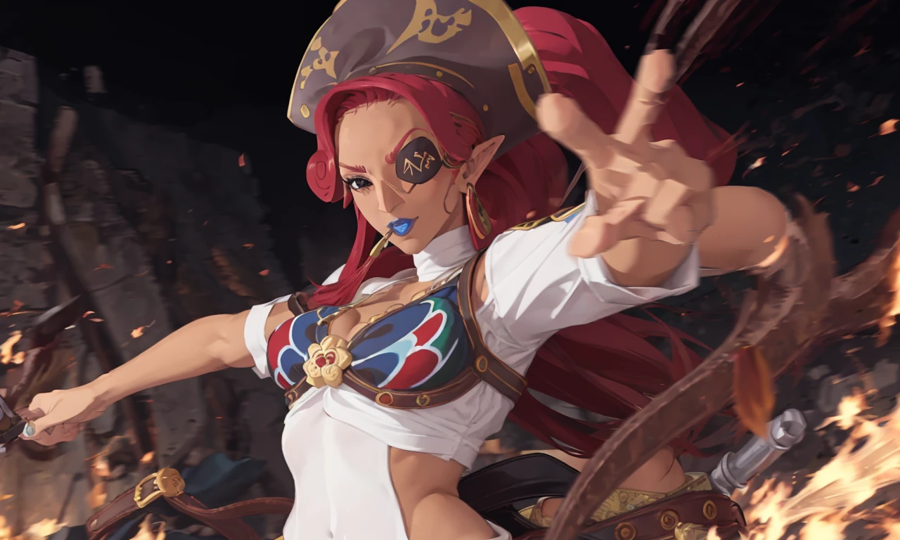 urbosa wearing a pirate costume, leather bustier, white shirt, pirate hat with feather, action pose, flintlock pistol, eyepatch, <lora:urbosa-128-32:0.9> art by <lora:kakure_eria-768_e8:0.6> kakure eria