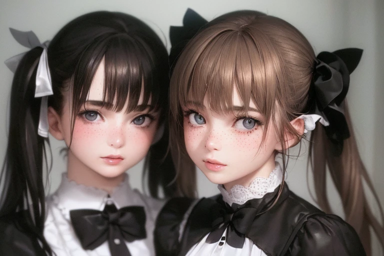 2girls,masterpiece, (photorealistic:1.4), best quality, beautiful lighting, cinema lights, film grain, blurry, indoors, bangs, lips, cheek-to-cheek, (freckles:0.8), ribbon, bow, twintails, gothic, multiple girls, looking at viewer, depth of field, blurry background, heads together, closed mouth, hair ribbon, upper body, parted lips, (beautiful clear eyes:1.2)