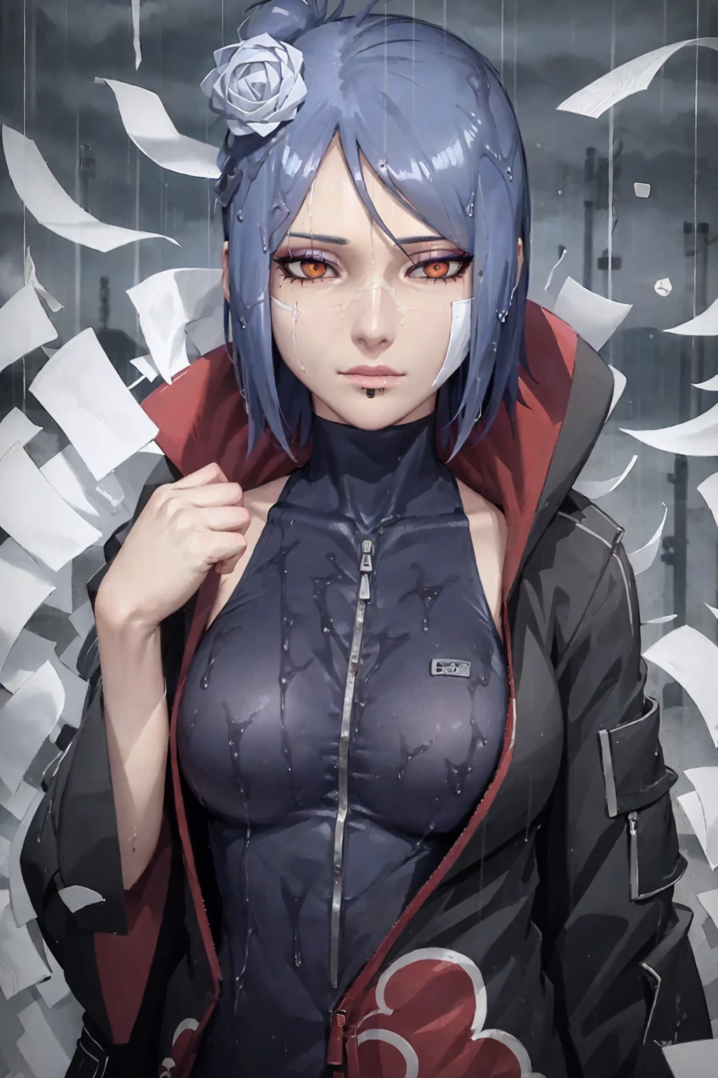 konan \(naruto\), 1girl, solo, breasts, upper body, looking at viewer, makeup, zipper, rain, paper, nose, open clothes, upper body, akatsuki outfit, labret piercing<lora:Konan_V2:0.8>