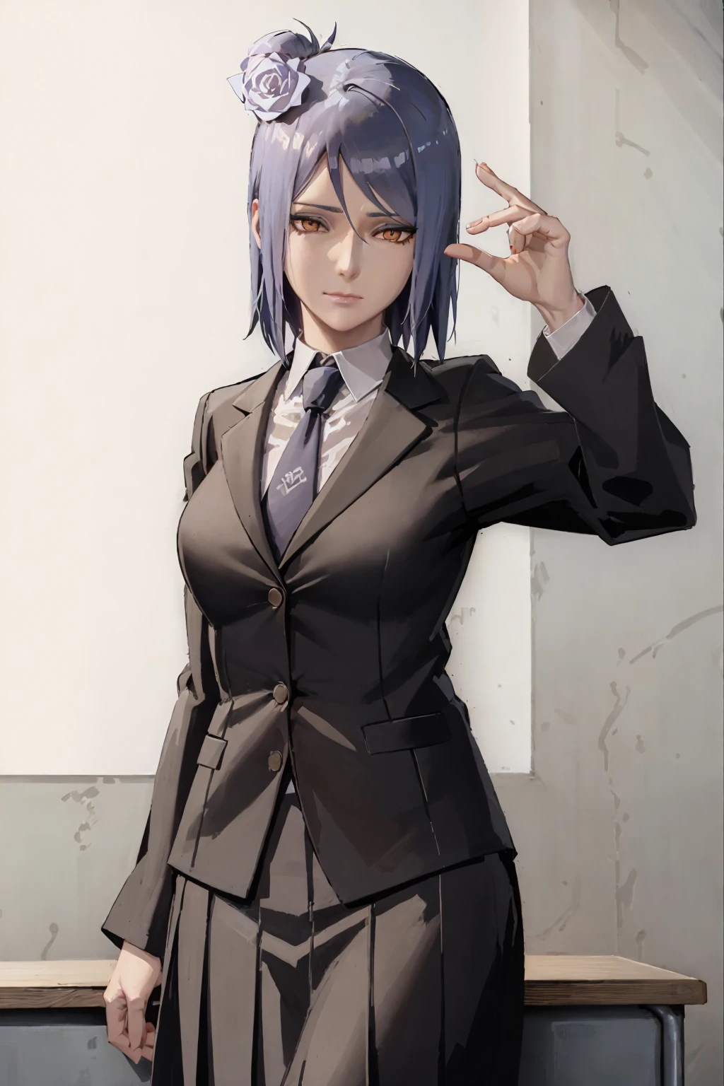 konan \(naruto\), 1girl, solo, looking at viewer, simple background, white background, pleated skirt ,necktie, white shirt, school uniform, school bag,  classroom, desk, whiteboard, <lora:Konan_V2:0.8>