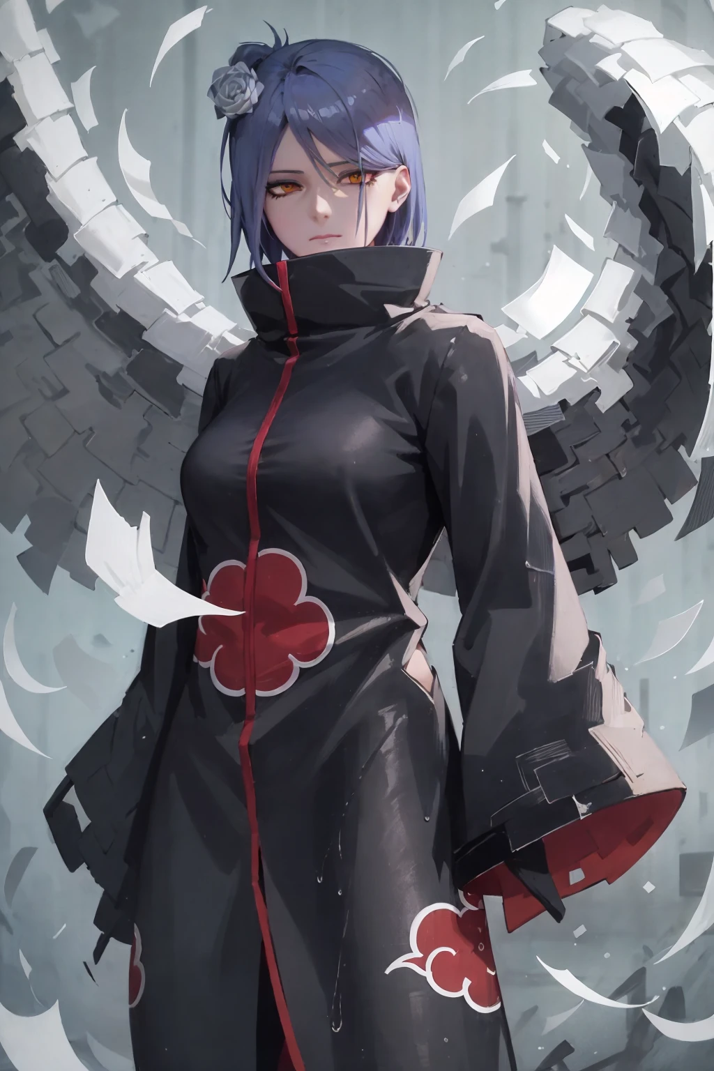 konan \(naruto\), solo, looking_at_viewer, 1girl, closed_mouth, paper wings, akatsuki outfit, paper jutsu, labret piercing<lora:Konan_V2:0.75>