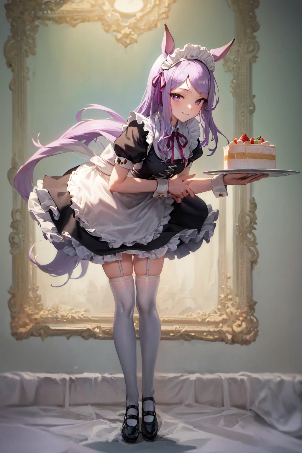 masterpiece, best quality,
mejiro mcqueen \(umamusume\),
full body,
full body, food, black footwear, maid headdress, alternate costume, black dress, shoes, enmaided, frills, puffy short sleeves, standing, white apron, closed mouth, holding plate, wrist cuffs, smile, holding tray, ribbon, leaning forward, frilled apron, white thighhighs, frilled dress, maid apron, cake, mary janes
<lora:mejiro_mcqueen_locon:0.6>