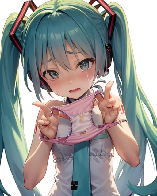 girl, (ayatori:1.2), holding ,pov,hatsune miku,stripe panties,  cry,sad  <lora:PANTORI2-000007:1:MIDD>,panties, upper body, simple background, white background,