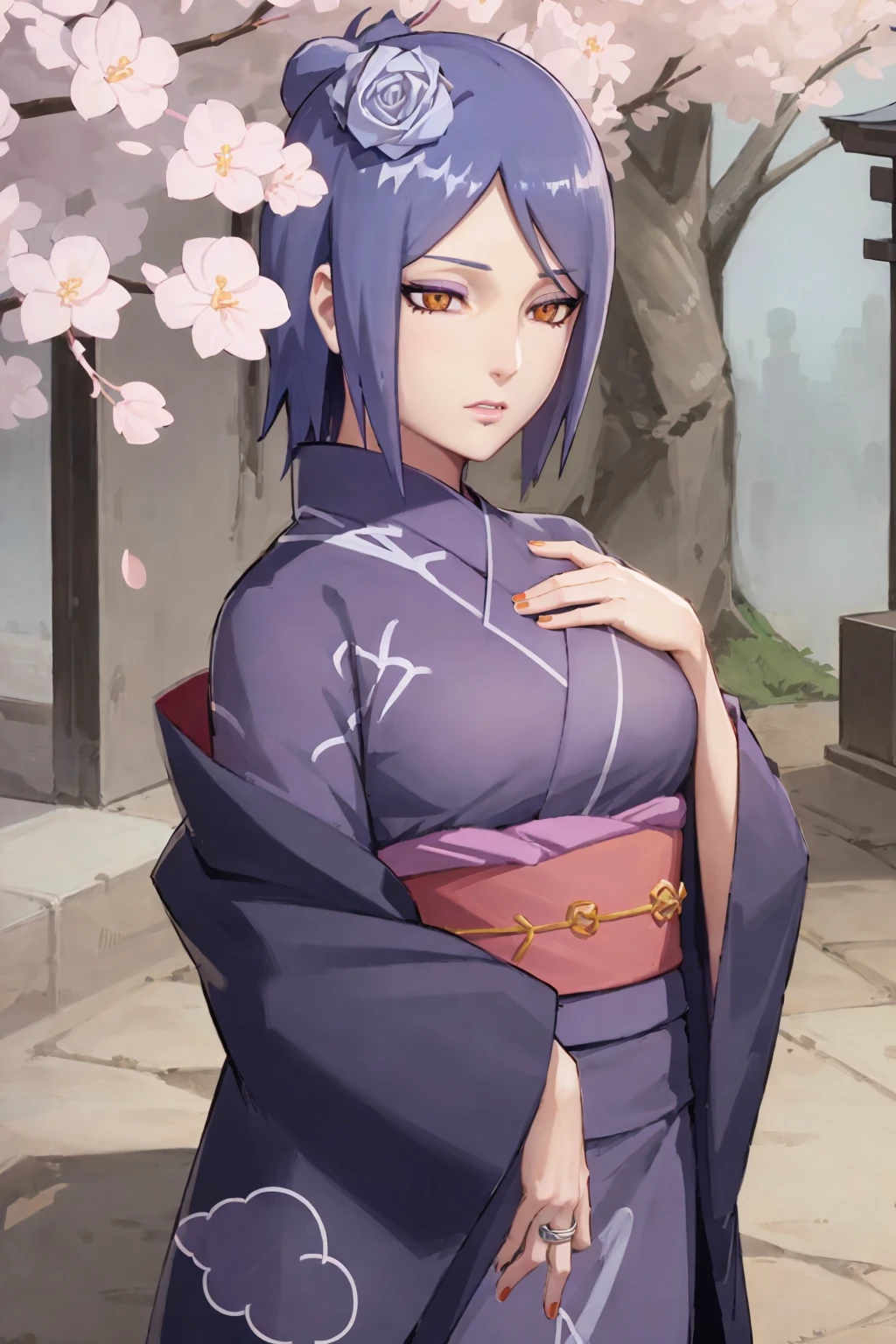 konan \(naruto\), 1girl, solo, (cherry blossoms), shrine, upper body, kimono, nail_polish, sash, obi, ring, hand_on_own_chest, tabi, purple_kimono<lora:Konan_V2:0.8>