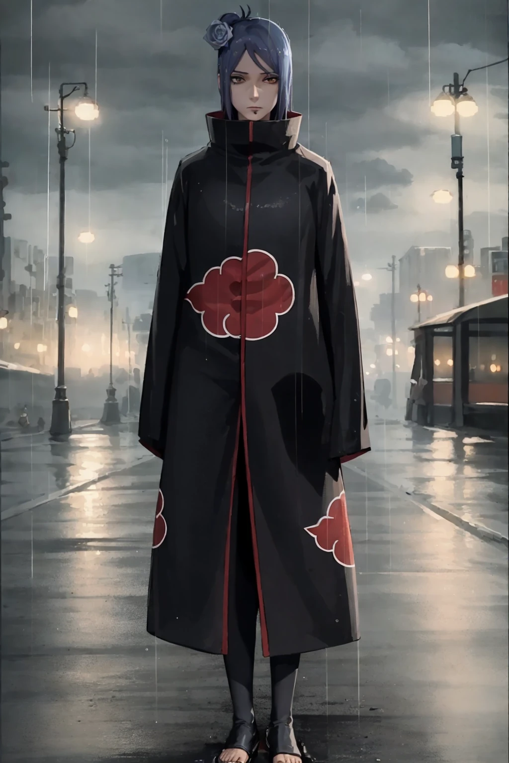 konan \(naruto\), full_body, looking at viewer, pants, sandals, dark city background, solo, standing, akatsuki outfit, labret piercing, rain, cloudy sky, <lora:Konan_V2:0.8>