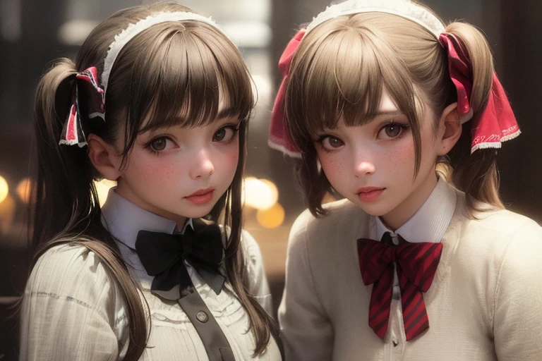 2girls,masterpiece, (photorealistic:1.6), best quality, beautiful lighting, cinema lights, film grain, blurry, indoors, bangs, lips, cheek-to-cheek, (freckles:0.75), ribbon, bow, twintails, multiple girls, looking at viewer, depth of field, blurry background, heads together, closed mouth, hair ribbon, upper body, parted lips, long sleeve,