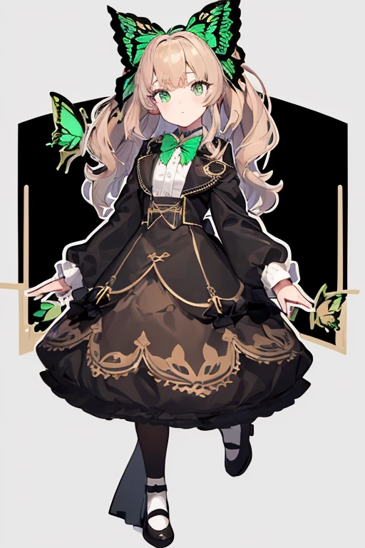 ribbon, bow, (white outline vector graphics:1.2), black long sleeves jacket, break, brown skirt, looking at viewer, hair ribbon, full body, break,
 green butterfly on hair