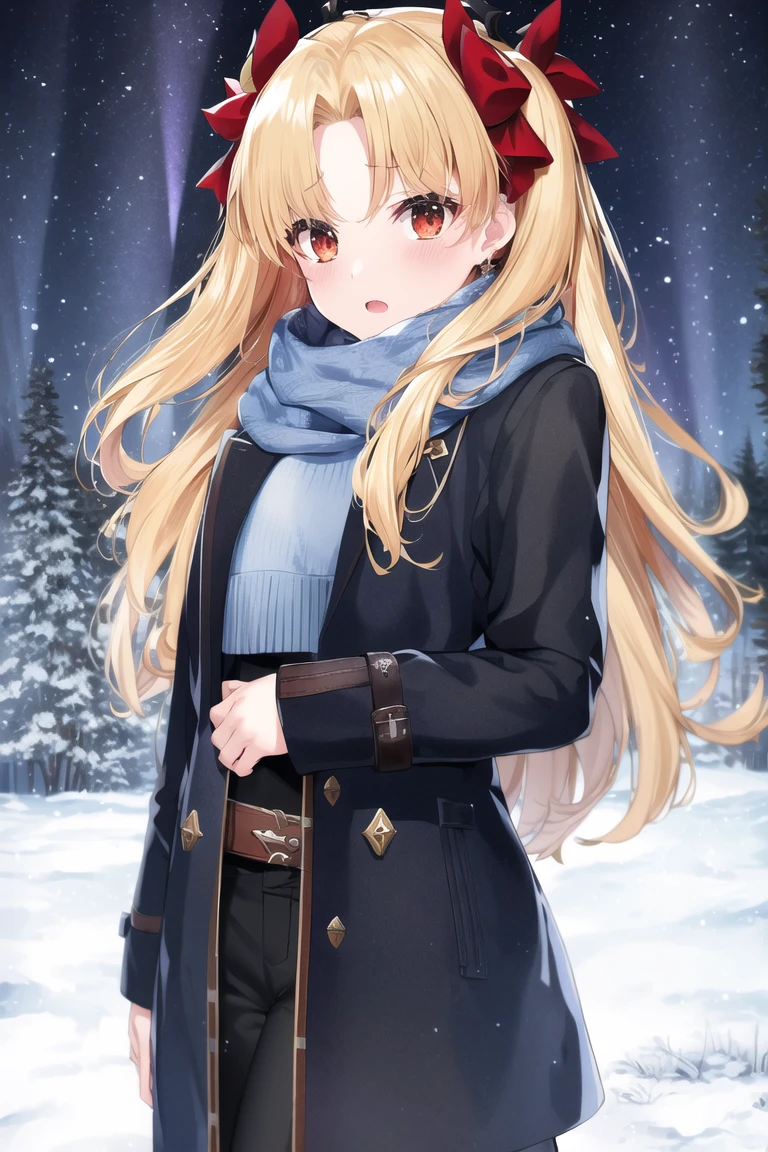 masterpiece, best quality, absurdres, perfect antomy, cowboy shot, standing, outdoors, winter, snow, night, aurora, 
((Ereshkigal)), blue sweater, belt, black pants, brown coat,  (open coat), scarf