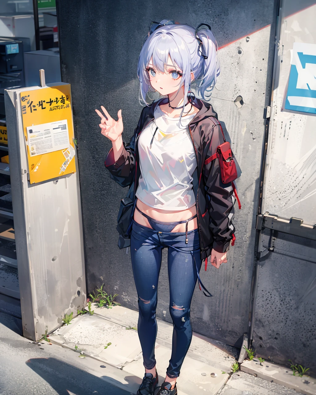 masterpiece,absurdres,1girl, <lora:BikiniJeansV1:1.3>,bikini_jeans,hoodie, standing,outdoors,