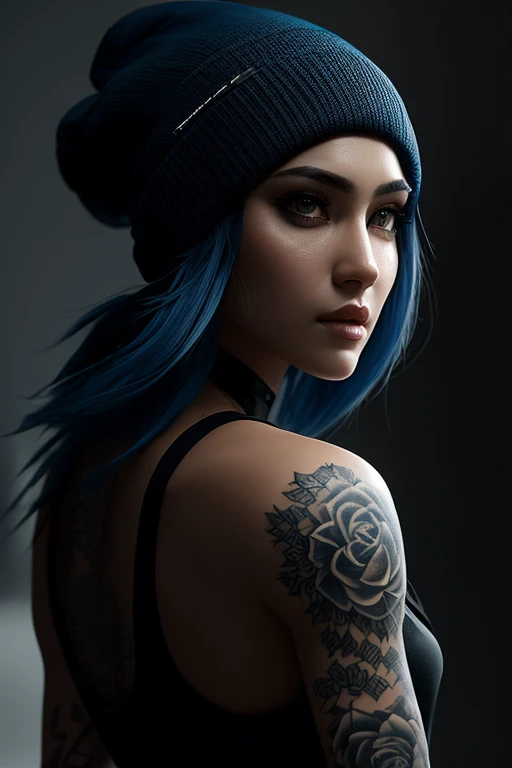A woman with a serious expression, blue hair pulled back into a beanie hat, tattoos adorning her arms, and a black muscle tank top, masterpiece, best quality, high quality, extremely detailed CG unity 8k wallpaper, oil paiting, award winning photography, Bokeh, Depth of Field, HDR, bloom, Chromatic Aberration ,Photorealistic,extremely detailed, trending on artstation, trending on CGsociety, Intricate, High Detail, dramatic, art by midjourney, volumetric lighting