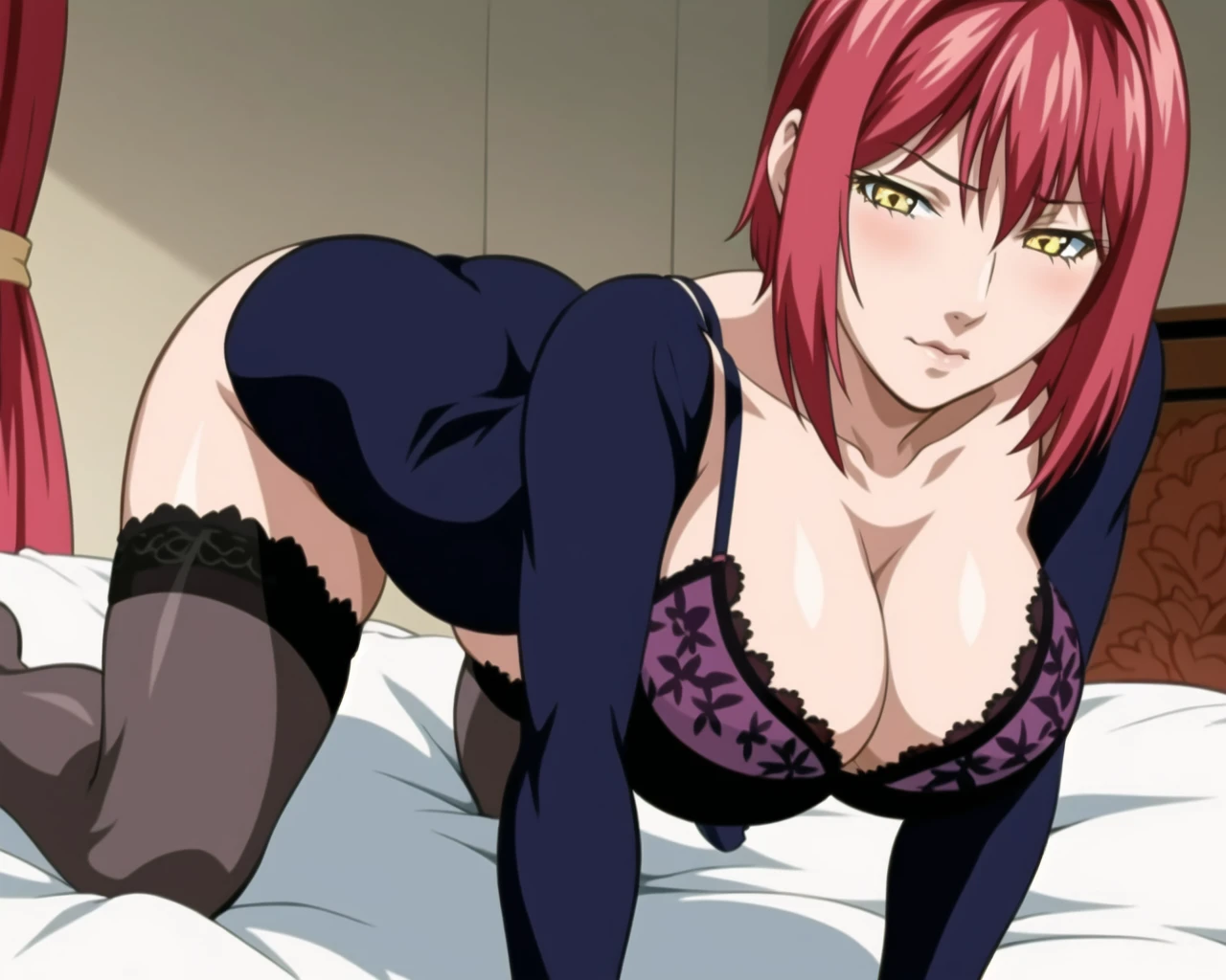 1girl, solo, bedroom, bed, (lace bra), looking_at_viewer, blush, (angry:0.4), (all fours),, large breasts, cleavage, flower in hair, red_hair, yellow_eyes, short_hair, masterpiece, best quality, illustration,  ultra-detailed, <lora:bb-style:0.6>, detailed eyes and face