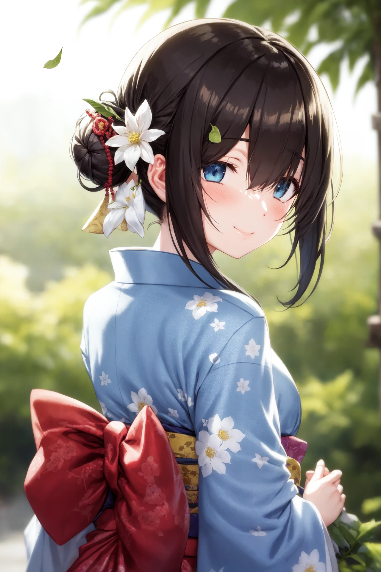 <lora:sagisawa fumika:1>sagisawa fumika, mekakure,
black_hair, blue_eyes, (large breasts:0.5),  alternate_hairstyle, bamboo, bangs, blue_kimono, blurry, blurry_background, blurry_foreground, blush, bokeh, closed_mouth, depth_of_field, double_bun, eyebrows_visible_through_hair, floral_print, flower, focused, hair_between_eyes, hair_bun, hair_flower, hair_ornament, japanese_clothes, kimono, leaf, looking_at_viewer, motion_blur, photo_\(medium\), plant, print_kimono, sash, side_bun, sidelocks, smile, solo, tanabata, tanzaku, upper_body, white_flower, yukata, for back,