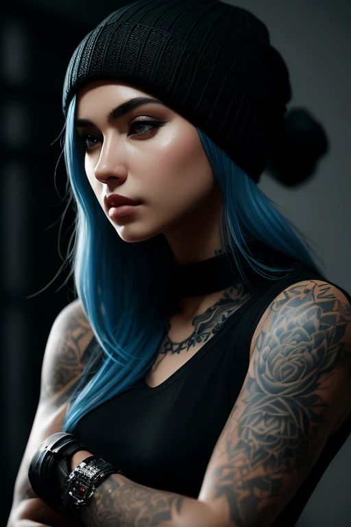 A woman with a serious expression, blue hair pulled back into a beanie hat, tattoos adorning her arms, and a black muscle tank top, masterpiece, best quality, high quality, extremely detailed CG unity 8k wallpaper, oil paiting, award winning photography, Bokeh, Depth of Field, HDR, bloom, Chromatic Aberration ,Photorealistic,extremely detailed, trending on artstation, trending on CGsociety, Intricate, High Detail, dramatic, art by midjourney, volumetric lighting