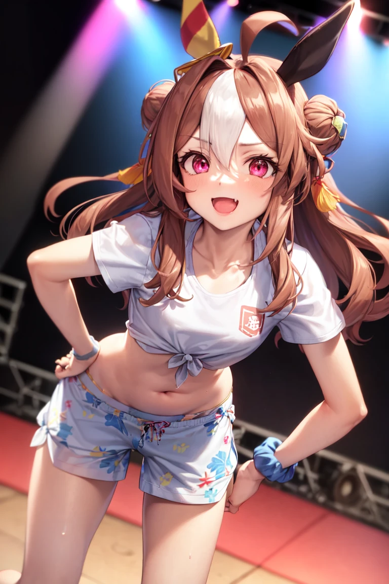 sexy dance show,narita taishin \(umamusume\),good anatomy, masterpiece, best quality,realistic, hyperrealistic, 16k hdr,(Live Stage:1.2),(skirt lift,wind lift:1.4),Stage costumes,Horse tail,ultra miniskirt,navel,sweat,large breasts,upper body,smile,erected nipples,from below,show off micro panties