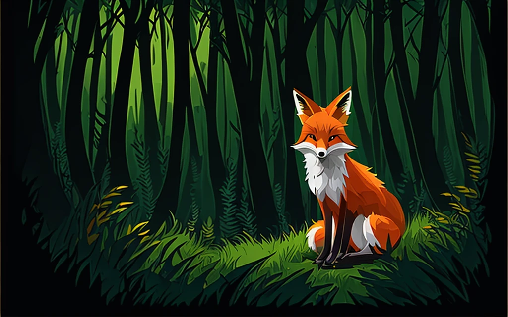 vector art of a fox sitting in the forest, fantastical, highres, sharp focus, absurdres, colored, after hours, dark, darkness, after hours