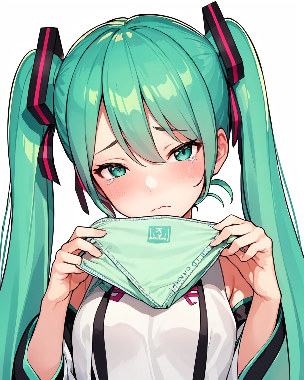 girl, (ayatori:1.2), holding ,pov,hatsune miku,green panties,  cry,sad  <lora:PANTORI2-000009:1:MIDD>,panties, upper body, simple background, white background,