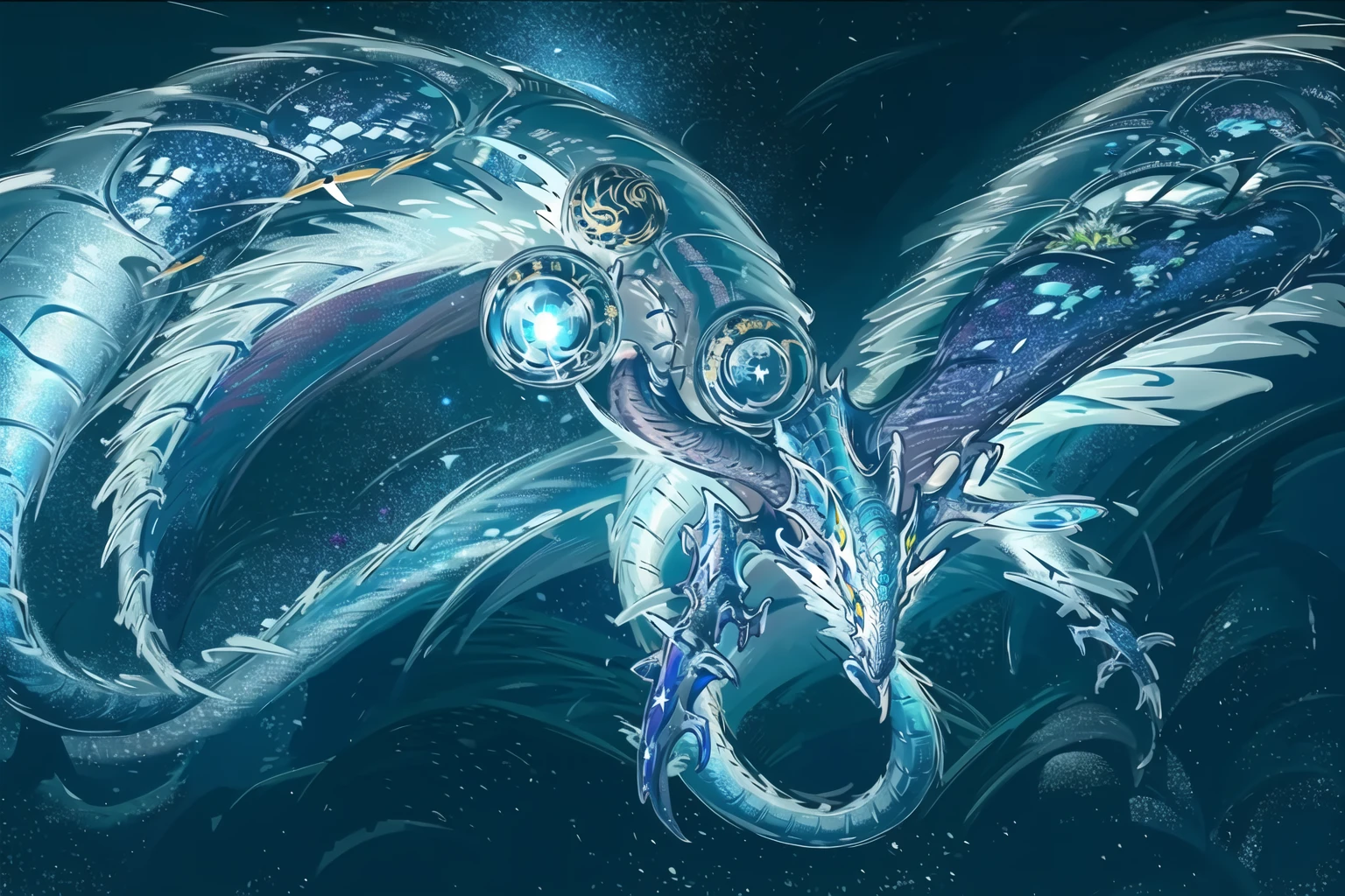 masterpiece, best quality, <lora:Dragon:0.7>,(dragon),city_lights, galaxy, giant, glowing, night, night_sky, planet, sky, snow, snowing, space, star_\(sky\), starry_sky, wings, <lora:Nature Cthulhu Girl:0.8>,plants,galss,tentacles,snail