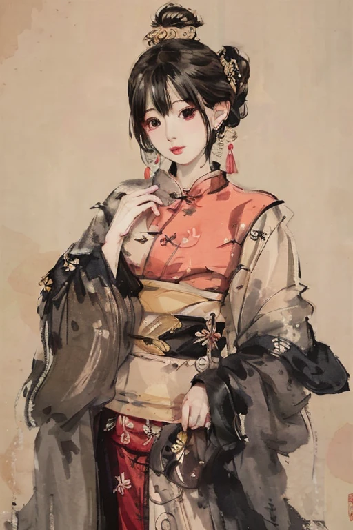 1girl, solo, looking at viewer, lips, chinese clothes, earrings, east asian architecture, hair ornament, beautiful eyes, shuimobysim, shukezouma