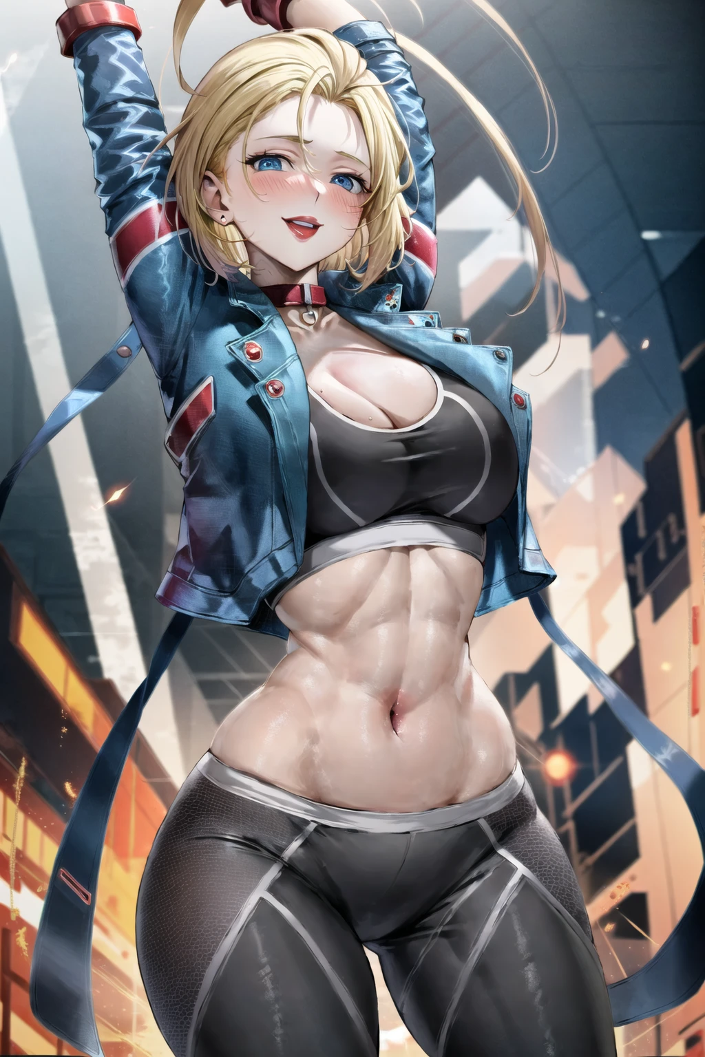 cammy_white , cammy sf6,1girl ,solo , blonde hair , blue eyes, short hair, sports bra , blue jacket , yoga pant, looking at viewer, arms behind back, blush , smile , happy , red lipstick, <lora:cammy:0.8>