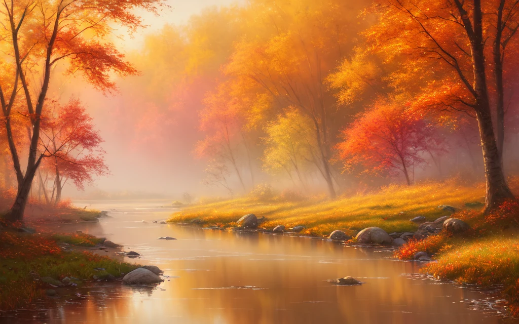 a stunning misty river, magical, warm, pastel painting, oil painting, colorful, grass, autumn, falling leaves, soft focus, studio quality, volumetric lighting, highres, realistic, professional