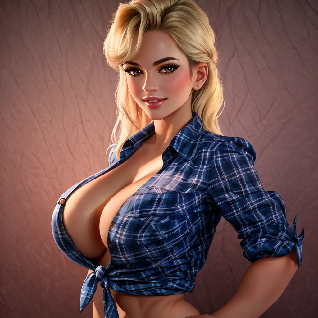 Masterpiece, high quality, 4K, highres, absurdres, shirt tied with a noose,
Tied_Shirt, a woman wearing a plaid shirt posing for a picture ,wearing a tied_shirt, glossy, bimbo <lora:Tied_Shirt:0.85>