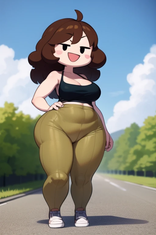 best quality, masterpiece, 1girl, solo, mobface, fluffy hair, brown hair, standing, :d, v-shaped eyebrows, blush stickers, outdoors, detailed, medium breasts, cargo pants, (plump:0.7)