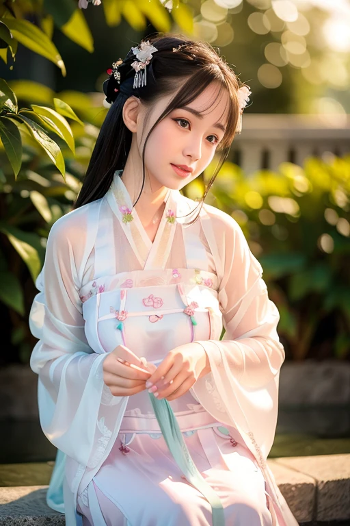 25age, (8k, best quality, masterpiece:1.2), (realistic, photo-realistic:1.37),1girl, cute, night, dating, (nose blush), (smile:1.15), (closed mouth) small breasts, beautiful detailed eyes,, night, wet, rain, white lace, floating hair,Wearing a white hanfu Breast-length dress is holding a fan,(hanfu:1.4),<lora:chestRuSkirt:0.65>